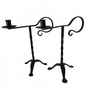 Pair of vintage wrought iron candle holders with twisted stems/scrolling arms